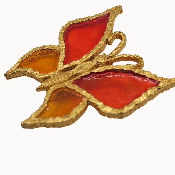 Vtg Red Amber Butterfly Brooch Pin Resin Wings Gold Tone Stained Glass Style - Picture 2 of 8